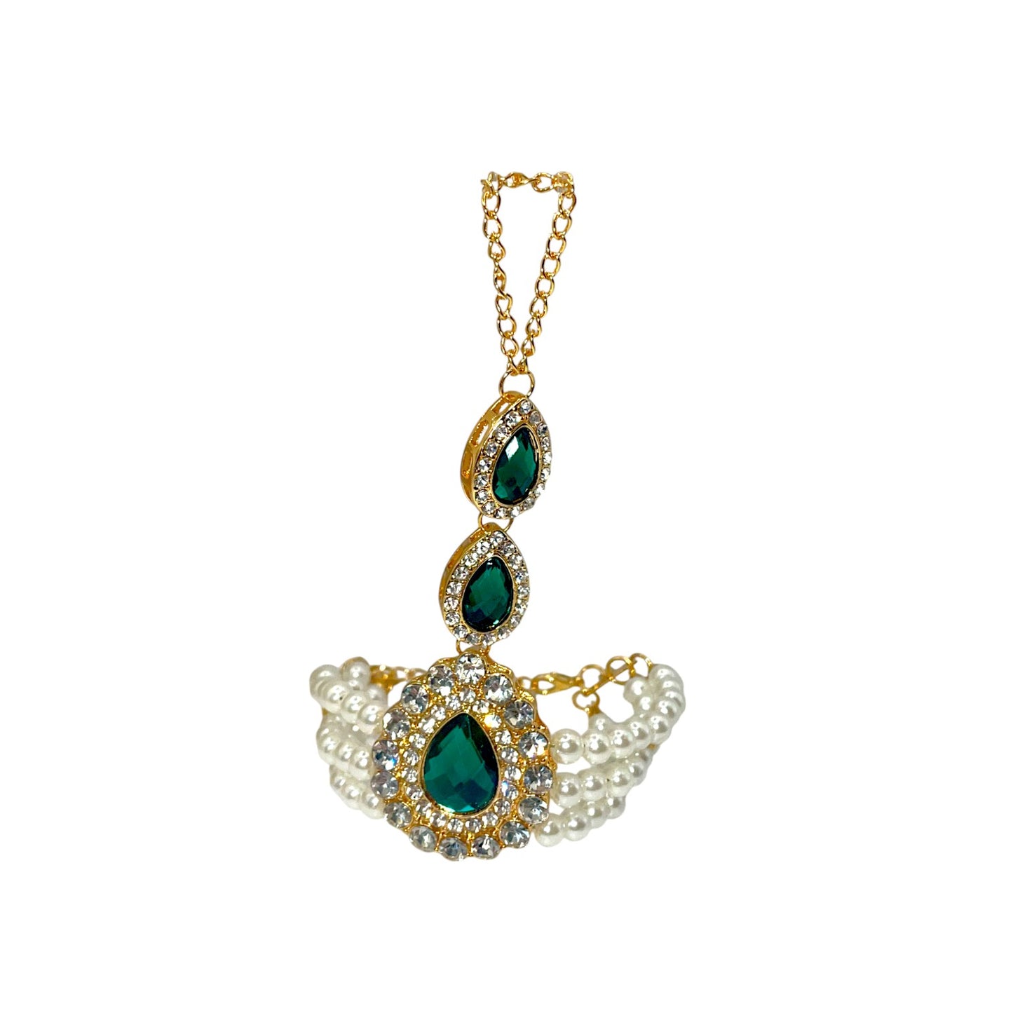 Emerald Pearl Hand Chain Bracelet – Elegant hand chain bracelet with emerald stones and pearls, perfect for weddings and special occasions.