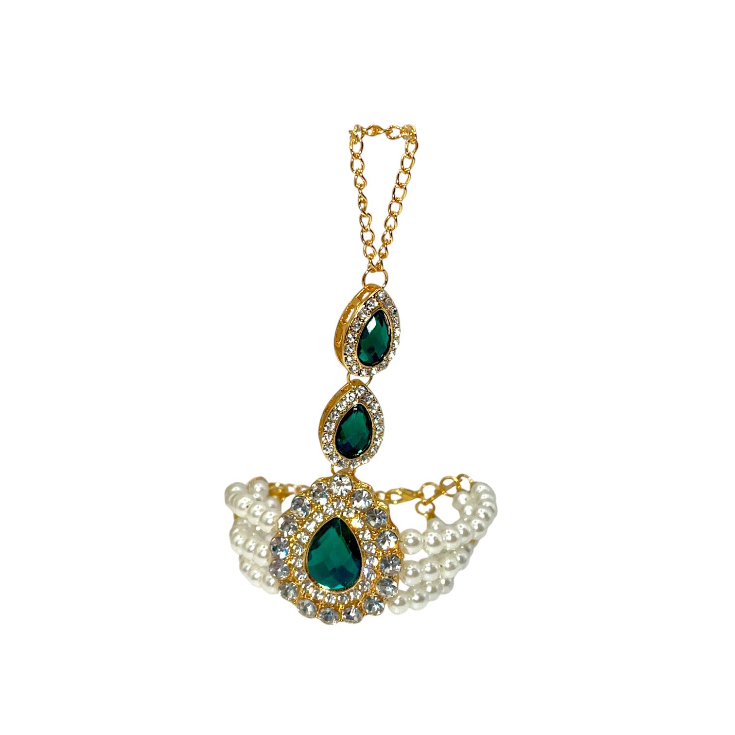 Emerald Pearl Hand Chain Bracelet – Elegant hand chain bracelet with emerald stones and pearls, perfect for weddings and special occasions.