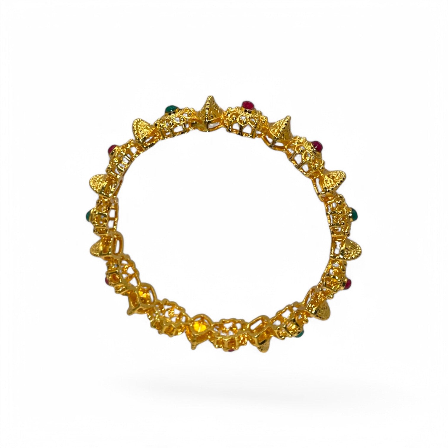 Regal Blossoms Gold Forming Bangle – Artificial gold-plated bangle with vibrant synthetic gemstones, perfect for weddings and special occasions.
